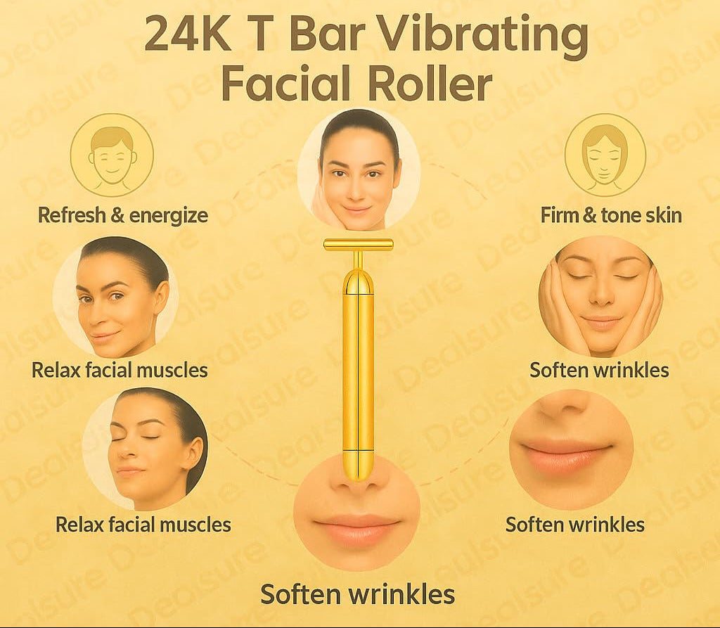 Véda Glow™  T-Shaped Portable Anti-Aging 24K Gold Facial Electric Massager for Face Lifting, Wrinkle Reduction & Skin Firming
